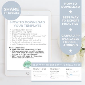 May include: A digital download guide for a Canva template. The guide explains how to download the template from Etsy and how to edit it in Canva. The guide also includes instructions on how to export the final file in different formats.