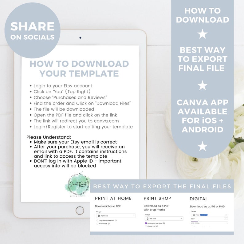 May include: A digital download guide for a Canva template. The guide explains how to download the template from Etsy and how to edit it in Canva. The guide also includes instructions on how to export the final file in different formats.