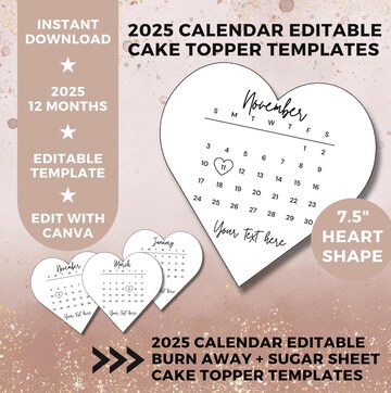 Burn Away Cake Topper Calendar Template, 7.5" Custom Heart Cake Topper, 2024 Calendar Printable, Birthday Cake Topper, Instant Download