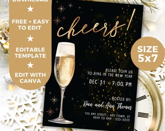 Editable  Happy New Years Eve Party Invitation Template, Holiday Printable Digital Invitation, Instant Download, Cheers to the New Year