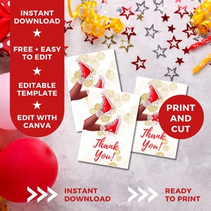 May include: Three printable thank you cards with a gold glitter background and a red and white illustration of a woman's legs wearing red sneakers. The text "Thank You!" is printed on each card.