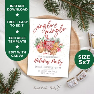 Jingle and Mingle Christmas Party Editable Invitation Template, Holiday Printable Digital Invitation, Instant Download, Hot Cocoa