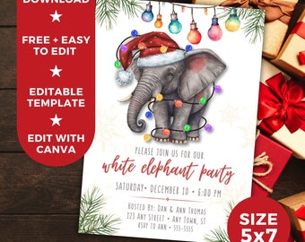 Puede incluir: Una invitación imprimible para una fiesta de elefante blanco con una ilustración de dibujos animados de un elefante con un gorro de Papá Noel y luces navideñas. El texto de la invitación dice "Por favor, únase a nosotros para nuestra fiesta de elefante blanco, sábado 10 de diciembre, 6:00 PM. Organizado por: Dan & Ann Thomas, 123 Any Street, Any Town, ST, RSVP a Ann 555-5555. Sweet Print + Party". La invitación mide 12,7 x 17,8 cm.