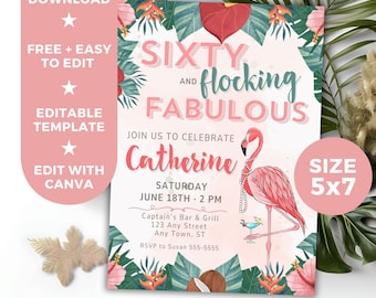 Editable Birthday Invitation Template, Flamingo Tropical Printable Digital Invitation, Instant Download, 60 Flocking Fabulous Birthday