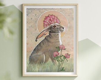Queen of Clovers - Rabbit Fine Art Print. Floral Bunny Decor.