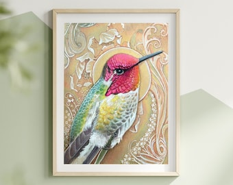 Anna's Spirit - Anna's Hummingbird Fine Art Print. Bohemian Visionary Bird Decor. Painting.