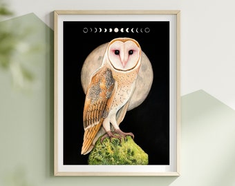 Phases of the Moon Barn Owl Fine Art Print. Celestial Witchy Decor. White Owl Painting.