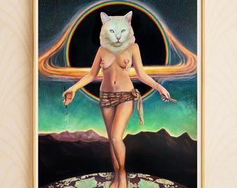 Surreal Cosmic Cat Fine Art Print. Dreamy Space Scene Artwork. Black Hole Painting. Psychedelic Trippy Decor Stylish Boho Mystical Wall Art