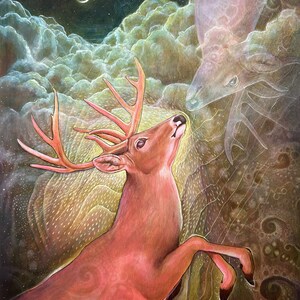 May include: A painting of a deer with large antlers looking up at a translucent deer in the clouds. The deer is a reddish-brown color and the background is a dark green with stars and clouds.
