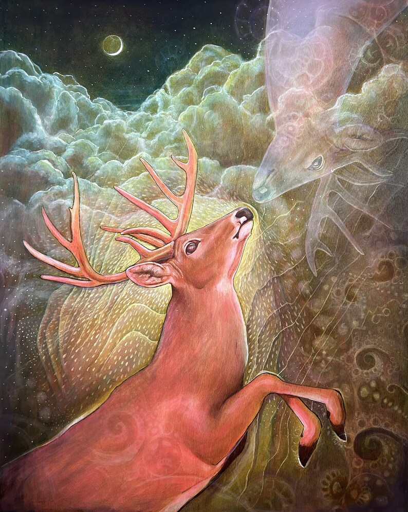 May include: A painting of a deer with large antlers looking up at a translucent deer in the clouds. The deer is a reddish-brown color and the background is a dark green with stars and clouds.