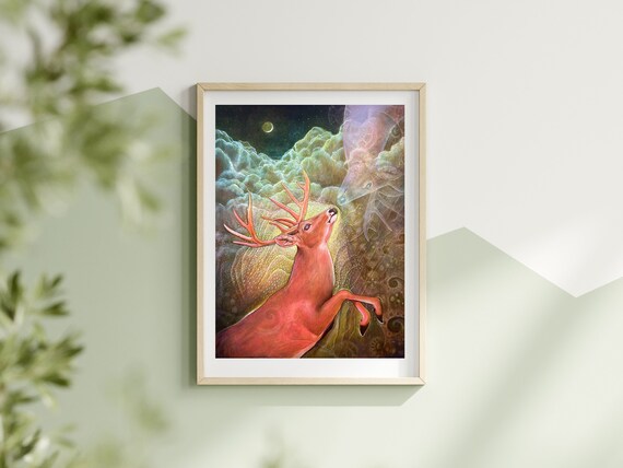 Liminal Space - Surreal Deer Fine Art Print. Visionary Artwork Space Painting. Psychedelic Rainbow Stag Decor. Spiritual Yoga Art.