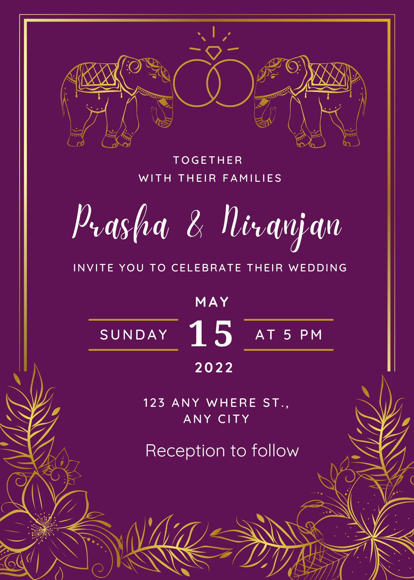Indian Wedding Invitation Card Gold and Purple Floral Wedding Etsy