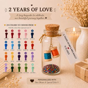 May include: A personalised anniversary gift. A glass bottle with a cork stopper, filled with confetti. The bottle contains two miniature spools of thread and a tag with the text "2 Years as Mr & Mrs Bailey".