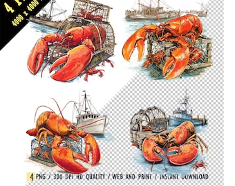 Lobster Boat Sublimation PNG, Fishing Sublimation, Saltwater Fishing Watercolor, Lobster Trap full Small New England Style Fish and Crab