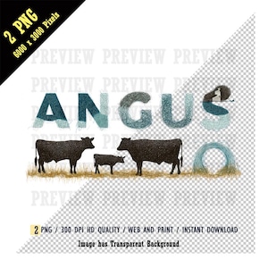 Art numérique typographie du cycle de vie de la ferme ANGUS, vache Black Angus, veau, lettrage PNG imprimable, nourrir les animaux de la ferme, aquarelle, téléchargement immédiat