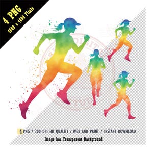 May include: A digital illustration featuring four watercolor silhouettes of runners in motion. The figures are rendered in a gradient of colors, including yellow, orange, green, and blue. The image includes the text "4 PNG" and "Image has Transparent Background".