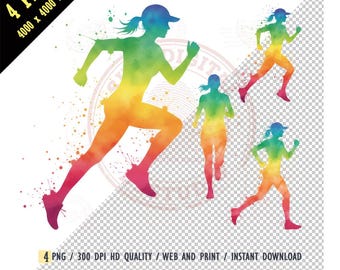 Colorful Marathon Runner Watercolor Splash PNG,Watercolor Female Runner Silhouette,Rainbow Running Girl Digital Download,Fitness Sublimation
