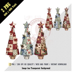Peut inclure: Un ensemble graphique numérique présentant six sapins de Noël coniques avec des motifs de patchwork en rouge, vert, bleu et beige. Les arbres sont décorés d'étoiles, de nœuds et de pommes de pin. Le texte inclut 2 PNG 4000 x 4000 Pixels.