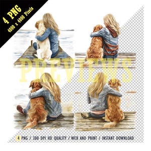 Blond Mädchen umarmt Hund Clipart, blondes Mädchen umarmt süßer Hund sitzt auf einem Dock PNG, Frau umarmt Hund Aquarell, Welpen Liebe, digitale Downloads