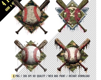 Könnte beinhalten: Vier digitale Illustrationen von Baseballs mit gekreuzten Schlägern. Jeder Baseball hat ein anderes Design. Die Baseballs befinden sich auf einem Tarnmusterhintergrund mit tropfender Farbe.