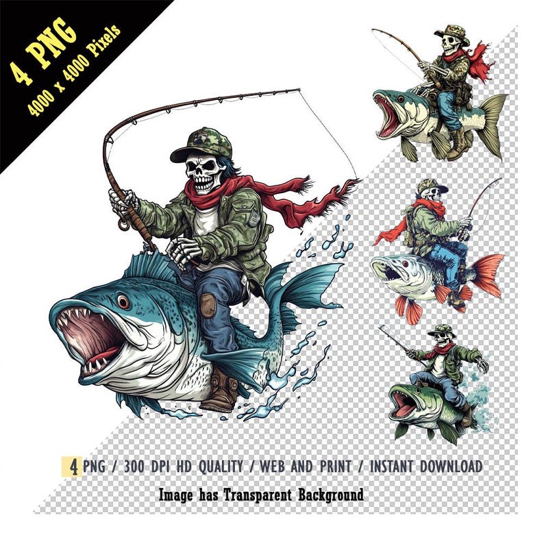 Skeleton Fisherman Riding on Back and Fishing Clipart PNG, Funny ...
