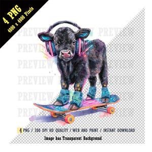 Bezerro Angus Preto Futurista com Detalhes em Neon PNG, Fones de Ouvido Cyberpunk, Skate Holográfico, Vaca Angus Preta Cyberpunk, Download Instantâneo