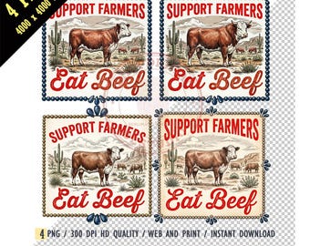 Vintage Western Cow Sublimation PNG, Support Farmers Eat Beef Digital Download, Retro Hereford Cattle Graphic, Boho Western Sublimation