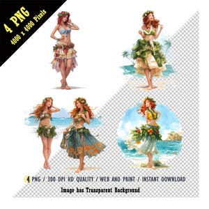 Une fille avec une guirlande en jupes, portrait, vacances, île tropicale de la plage, aquarelle fantastique, belle, fille d'été à la plage, PNG, clipart
