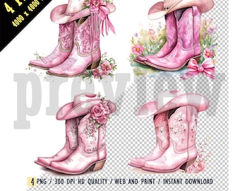 Watercolor Pink Cowboy Boots and Hat PNG Clipart, Western Boots with Pink Bows Illustration, Digital Downloads, for T-Shirts and DIY Project