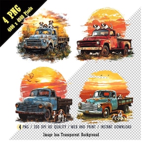 Rustykalna ciężarówka z psami Beagle PNG, Zachód słońca, Grafika fantasy, Malarstwo cyfrowe, Styl akwarelowy, Retro Vintage Truck Beagle, Zwierzęta gospodarskie