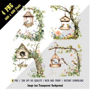 Altes Vogelhaus auf Zaun PNG, Aquarell hölzernes rustikales Vogelhaus, Frühlingsvogelhaus Clipart, Blumenvogelhaus, digitaler Download, Papiermodell