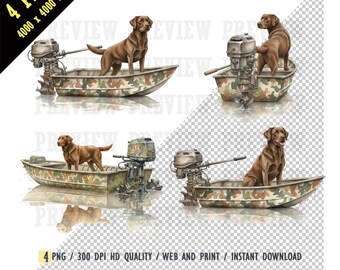 Duck Hunting Boat PNG Labrador, Watercolor Camo Duck Boat Chocolate Lab. Vintage Hunting Sublimation, Waterfowl Boat PNG, Labrador Retriever