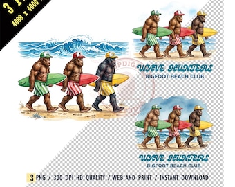 Retro Bigfoot Beach Sublimation Design PNG, Summer Sasquatch Surf Digital Download, Wave Hunters Graphic Tee Clipart, Sublimation Transfer