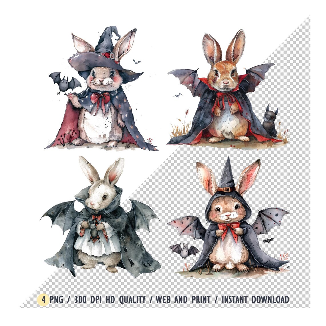 Colorful Watercolor Painting of Rabbit in Vampire Costume With Tiny Bat ...