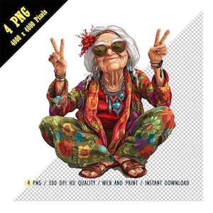 Vieille dame drôle hippie Clipart, drôle vieille dames PNG, grand-mère hippie aquarelle, jolie dame âgée heureuse, style Boho, téléchargement numérique