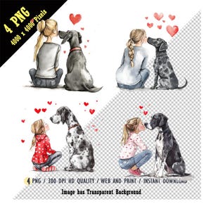 Zittend Scandinavisch meisje houdt van haar Great Dane Kissing Hearts Dog met haar hond PNG, Great Dane-aquarel, vrouw, meisje, digitale download