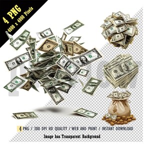 Banconote da un dollaro che fluttuano nell'aria contro PNG, denaro contante, diari spazzatura, scrapbooking, sublimazione, sacchi di denaro traboccanti di denaro e monete