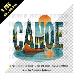 Serene Lake & klassieke kano PNG, CANOE Lake Serenity typografie kunst, Retro National Park digitale download, vintage houten kano, natuurliefhebber