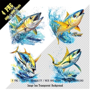 Gelbflossen-Thunfisch PNG, Salzwasserfischen, Fisch, der sich in der Luft krümmt, Wasser über, Boot, das den Fisch mit einer Fischerstraße hat, Thunfisch-Aquarell