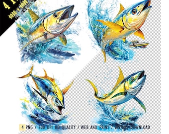 Yellowfin Tuna PNG, Saltwater Fishing, Fish Curving in the Air, Water Across, Boat that Cought the Fish with a Fishing Road, Tuna Watercolor