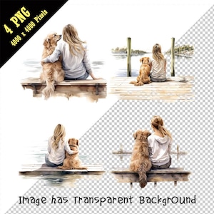 Blond meisje knuffelt haar hond clipart, blond meisje knuffelt haar hond zittend op een steiger PNG, vrouw knuffelen hond aquarel, digitale downloads