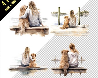 Blond Girl Hugging her Dog Clipart, Blond Girl Hugging her Dog Sitting on a dock PNG, Woman Hugging Dog Watercolor, Digital Downloads