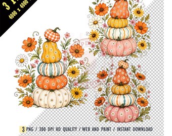 Fall Pumpkin Stack PNG, Floral Pumpkin Sublimation Design, Vintage Daisy Pumpkin Digital Download, Retro Autumn Floral Shirt Graphic PNG