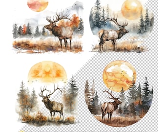 Watercolor A Majestic Elk Bugling in a Foggy Autumn Meadow, its Antlers Framed by the Rising Sun, Majestic Bull Elk PNG, Digital Downloads