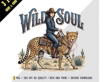 Wild Soul Cowgirl Riding Cheetah PNG, Vintage Western Sublimation, Retro Cowgirl Aesthetic Digital Download, Cheetah Riding Print PNG Tee