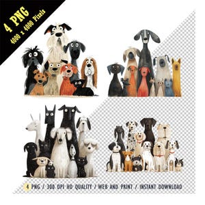 Imágenes prediseñadas de una familia de perros adorables, perros de acuarela, perros divertidos y locos, PNG transparente, descarga instantánea, sublimación