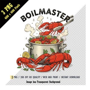 Boilmaster Kräftor Clipart, Vintage Skaldjur Koka PNG för T-shirts, Retro Handritad Hummergryta Grafik, Digital Nedladdning, Southern Sublimation