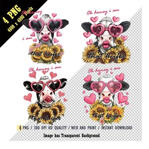 Engraçado, querida. Eu sou aquela novilha, Pacote de vaca PNG, Óculos de sol em formato de coração de vaca atrevida, Lábios franzidos, Buquê de girassóis, Clipart de vaca em aquarela