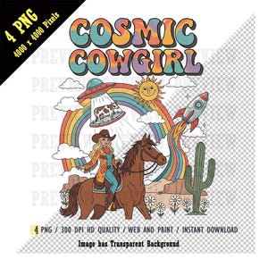 Retro UFO Alien Abduction, Cosmic Cowgirl Space Cow UFO Sun Western Instant Download, Groovy 70s Western PNG, Hippie Aesthetic, T-Shirts