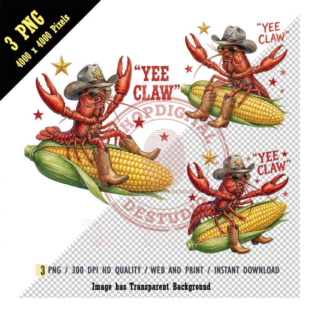 Yee Claw Watercolor Crayfish PNG, Funny Crawfish Sheriff Riding Corn ...
